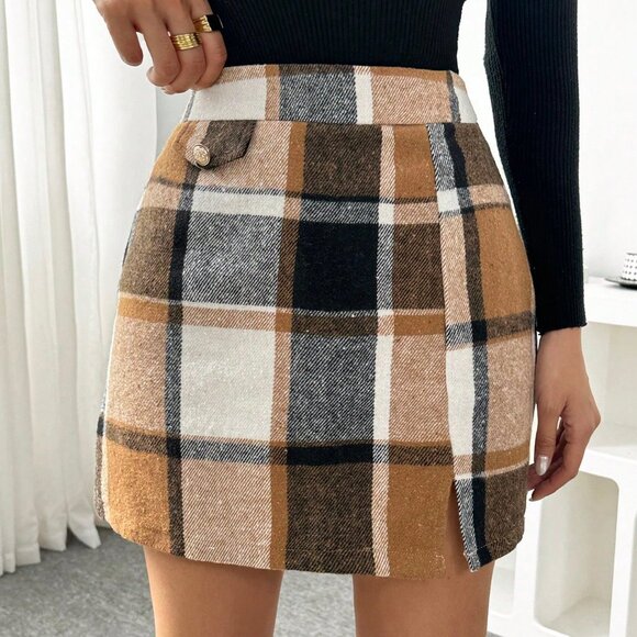 Multicolor Casual Women's Button-Embellished Plaid Pencil Skirt - Picture 4 of 6